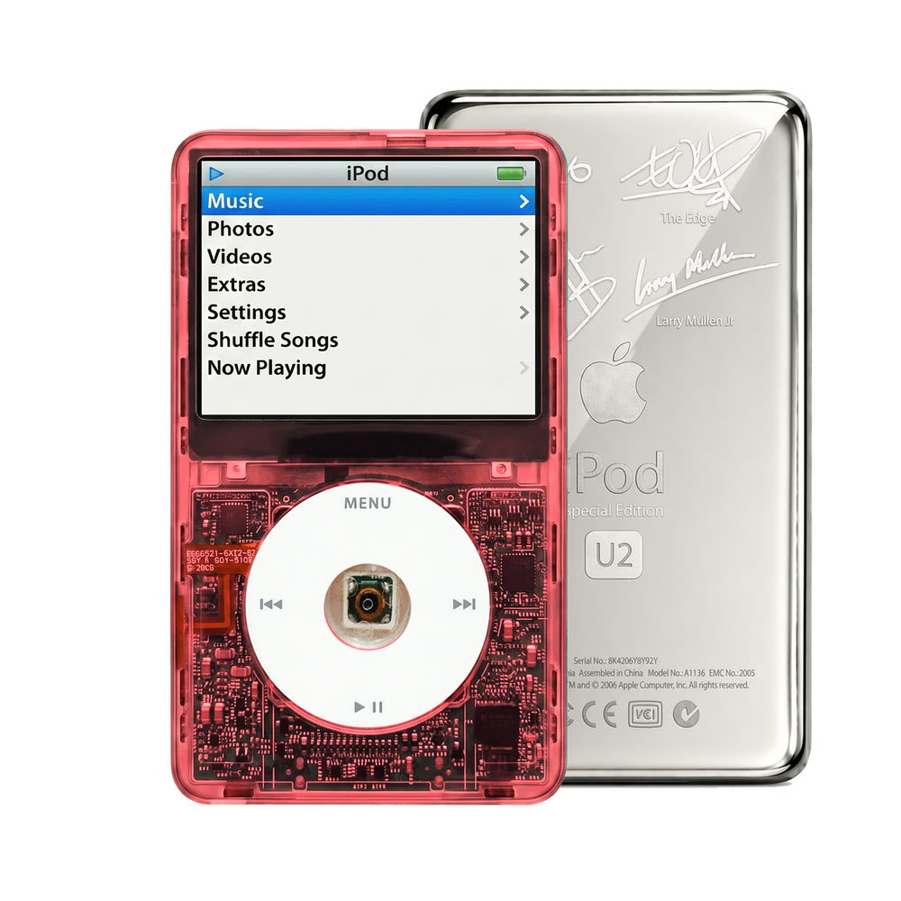 Clear Red refurbished iPod Video 5.5 Gen with White click wheel and Silver U2 back plate