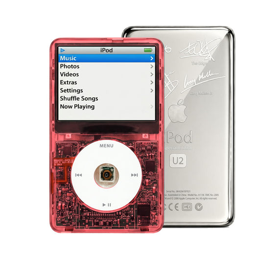 Clear Red refurbished iPod Video 5.5 Gen with White click wheel and Silver U2 back plate