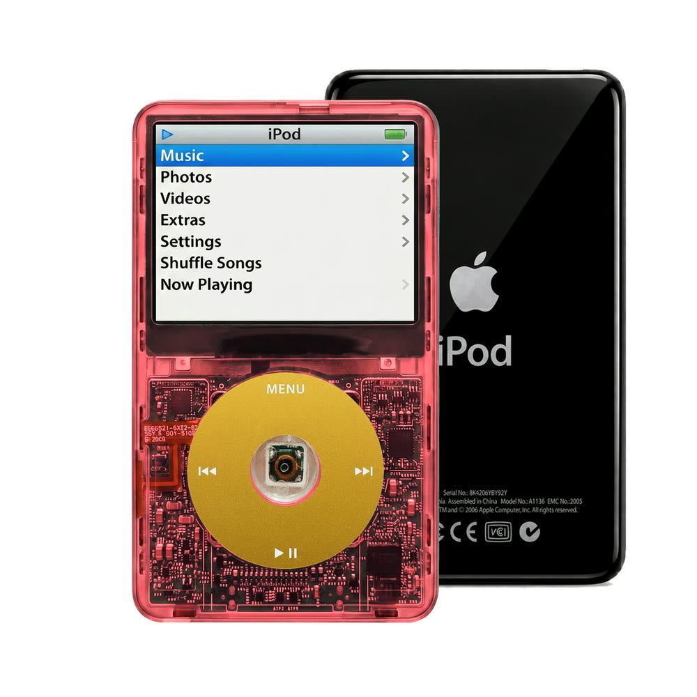 Clear Red refurbished iPod Video 5.5 Gen with Yellow click wheel and Black back plate