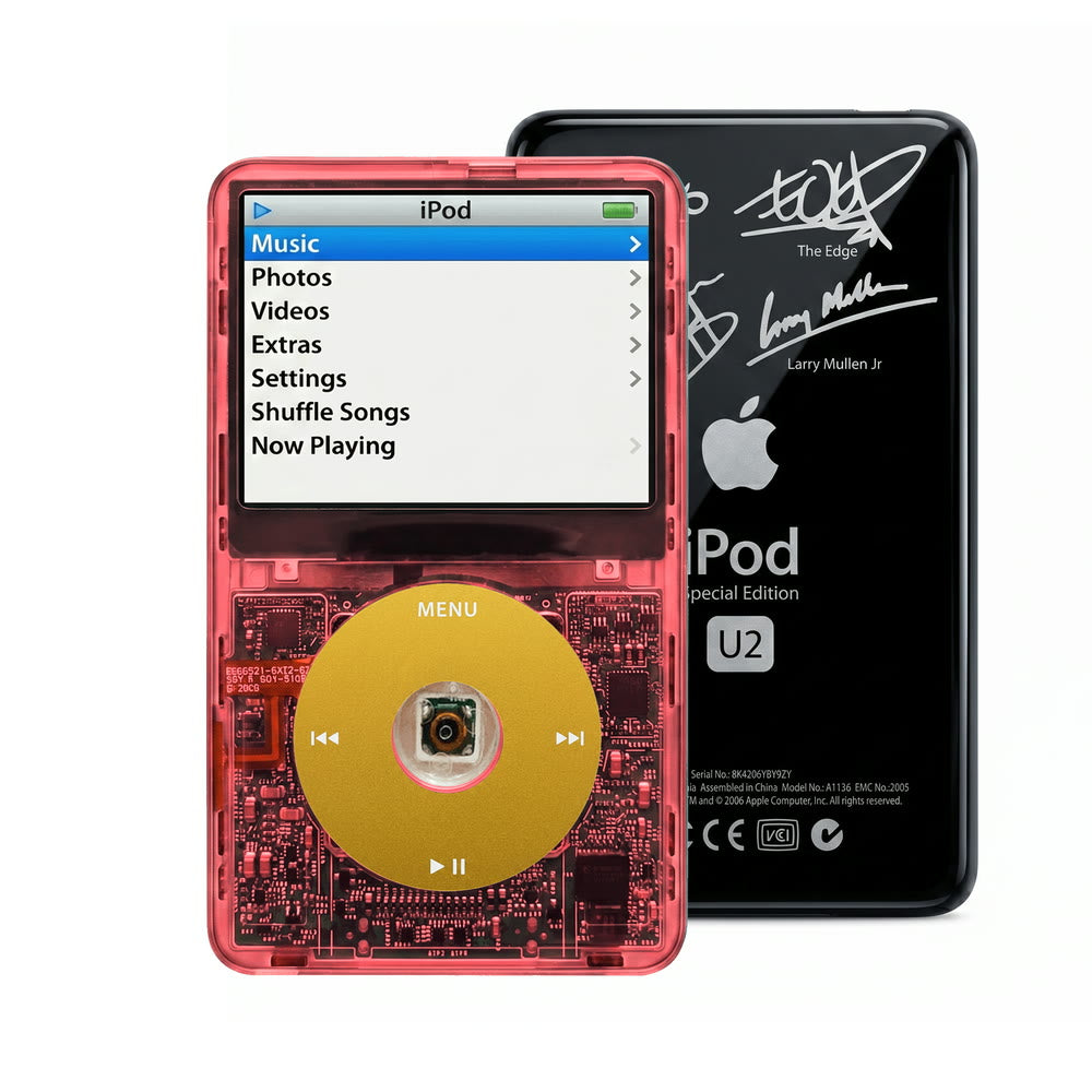 Clear Red refurbished iPod Video 5.5 Gen with Yellow click wheel and Black U2 back plate