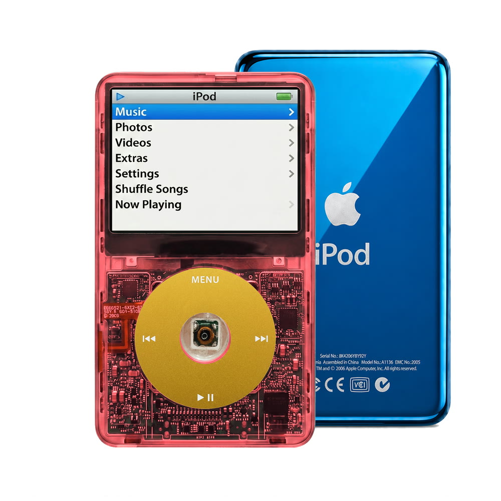 Clear Red refurbished iPod Video 5.5 Gen with Yellow click wheel and Blue back plate