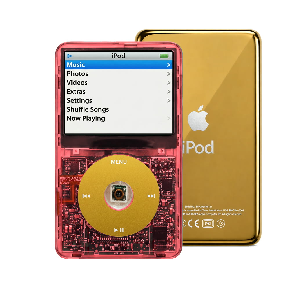 Clear Red refurbished iPod Video 5.5 Gen with Yellow click wheel and Gold back plate