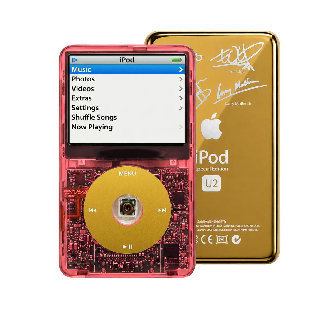 Clear Red refurbished iPod Video 5.5 Gen with Yellow click wheel and Gold U2 back plate
