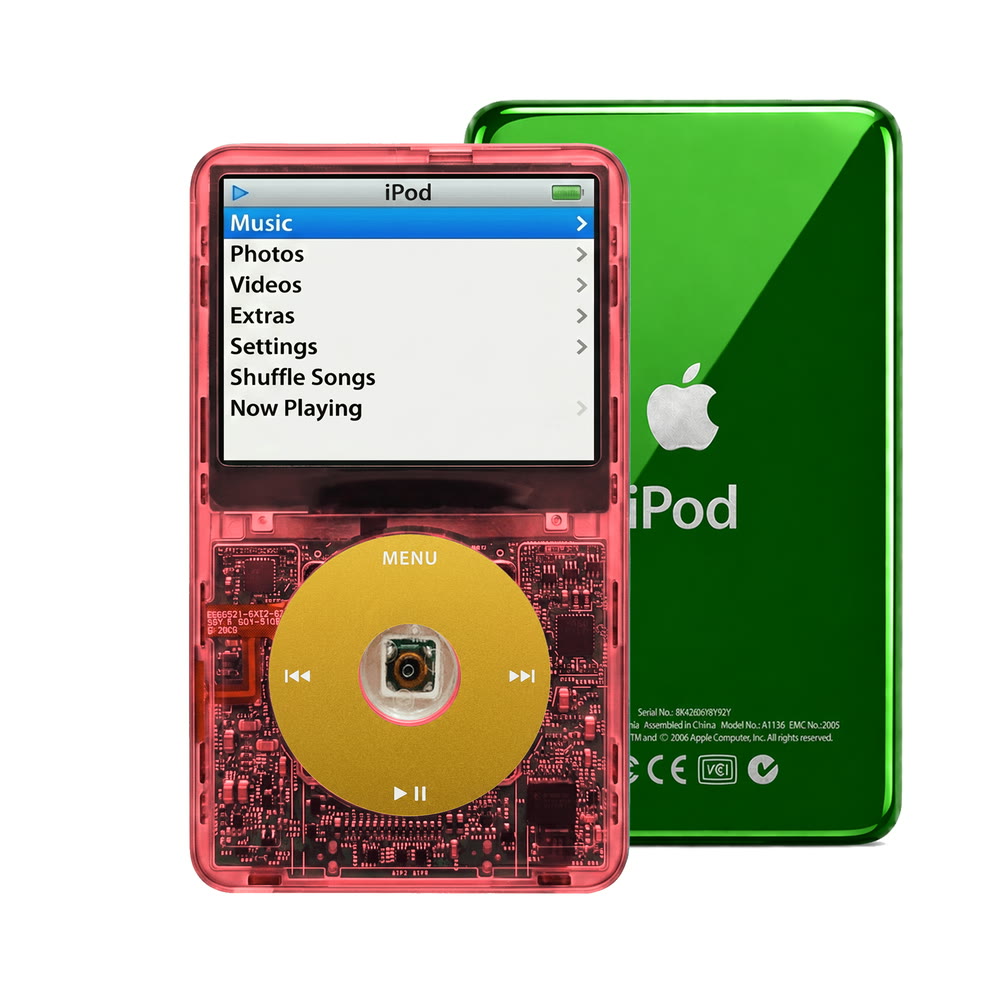 Clear Red refurbished iPod Video 5.5 Gen with Yellow click wheel and Green back plate