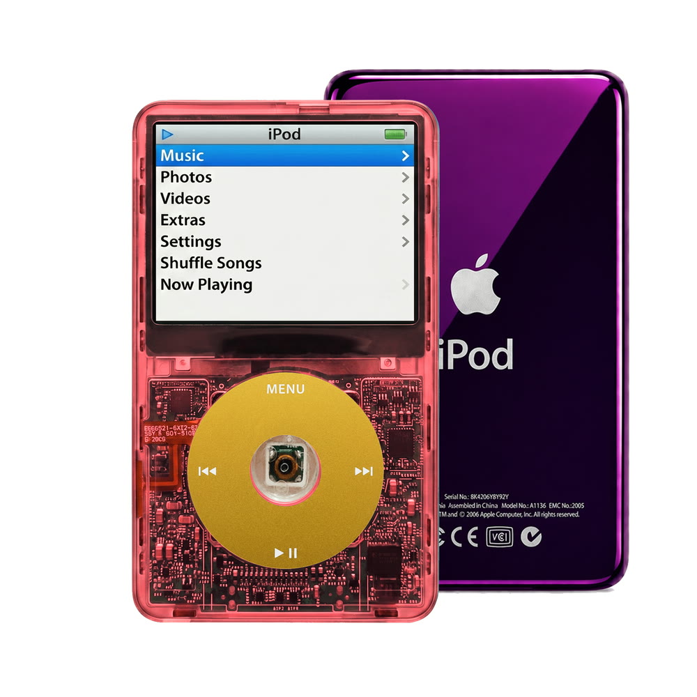 Clear Red refurbished iPod Video 5.5 Gen with Yellow click wheel and Purple back plate