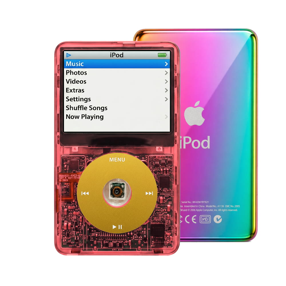 Clear Red refurbished iPod Video 5.5 Gen with Yellow click wheel and Rainbow back plate