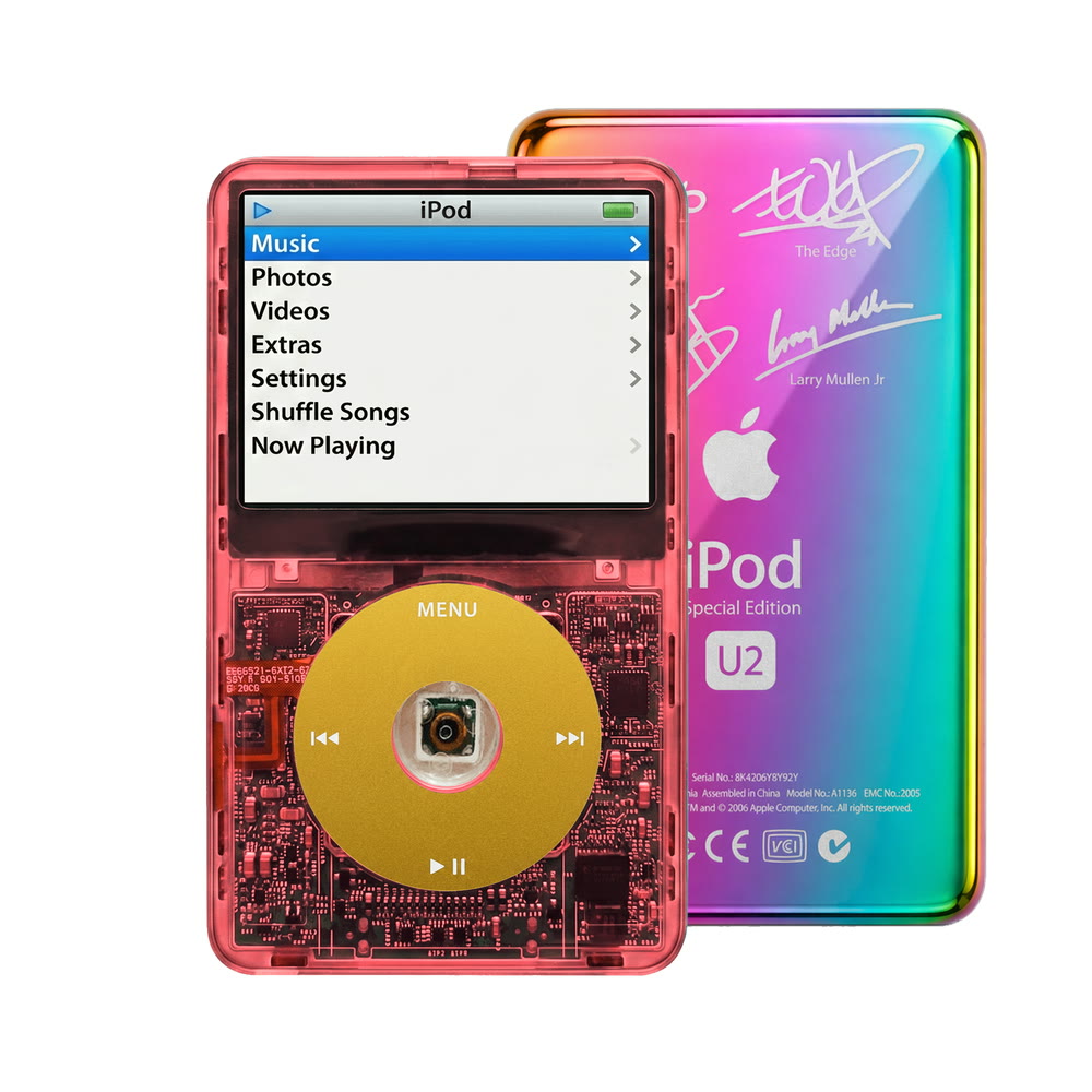 Clear Red refurbished iPod Video 5.5 Gen with Yellow click wheel and Rainbow U2 back plate