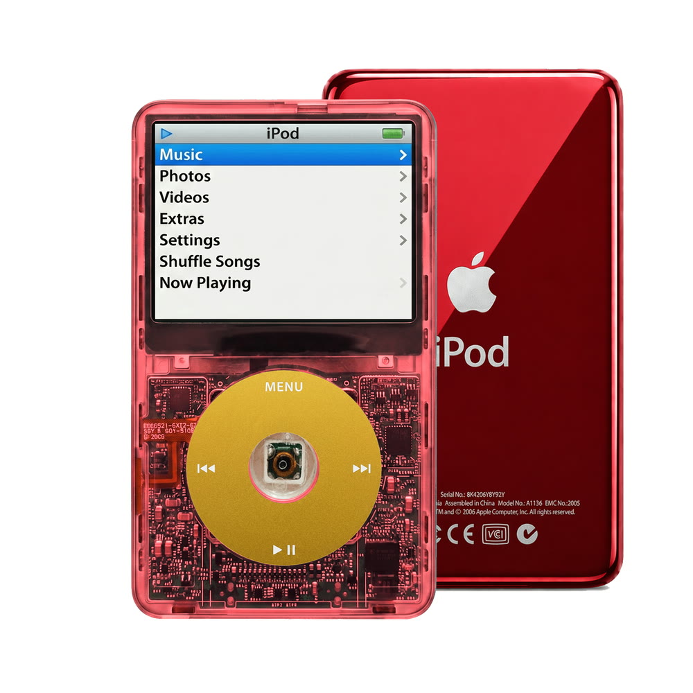 Clear Red refurbished iPod Video 5.5 Gen with Yellow click wheel and Red back plate