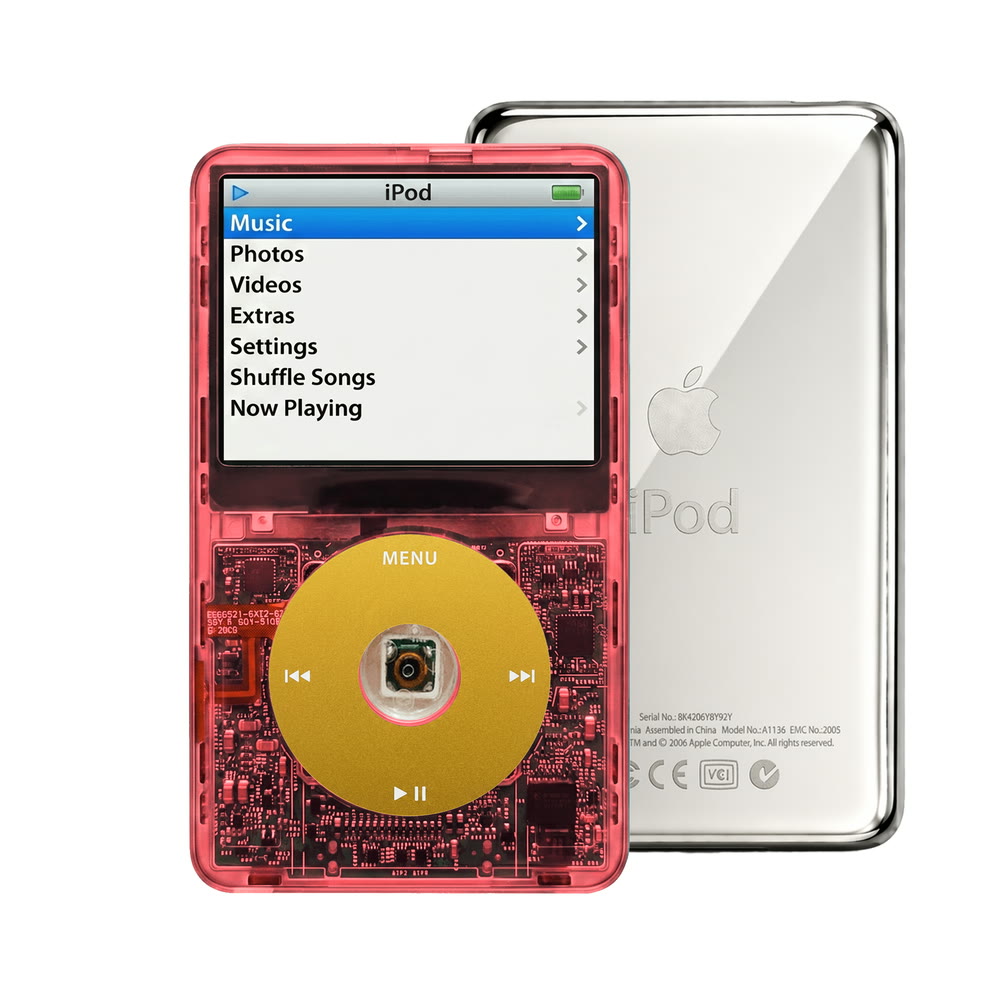 Clear Red refurbished iPod Video 5.5 Gen with Yellow click wheel and Silver back plate