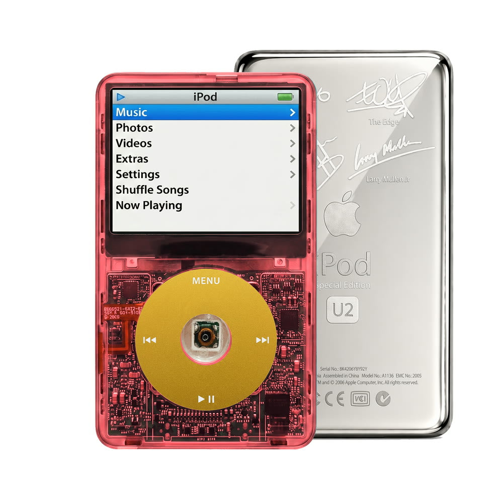 Clear Red refurbished iPod Video 5.5 Gen with Yellow click wheel and Silver U2 back plate