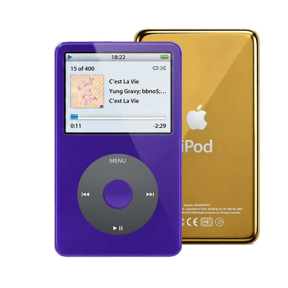 Purple refurbished iPod Video 5.5 Gen with Black click wheel and Gold back plate