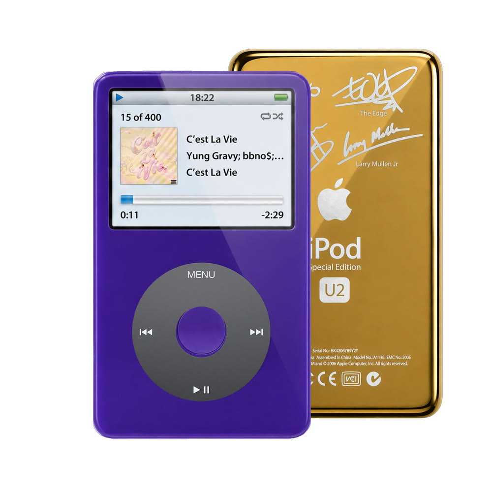 Purple refurbished iPod Video 5.5 Gen with Black click wheel and Gold U2 back plate