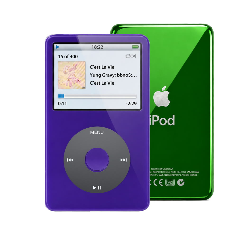 Purple refurbished iPod Video 5.5 Gen with Black click wheel and Green back plate