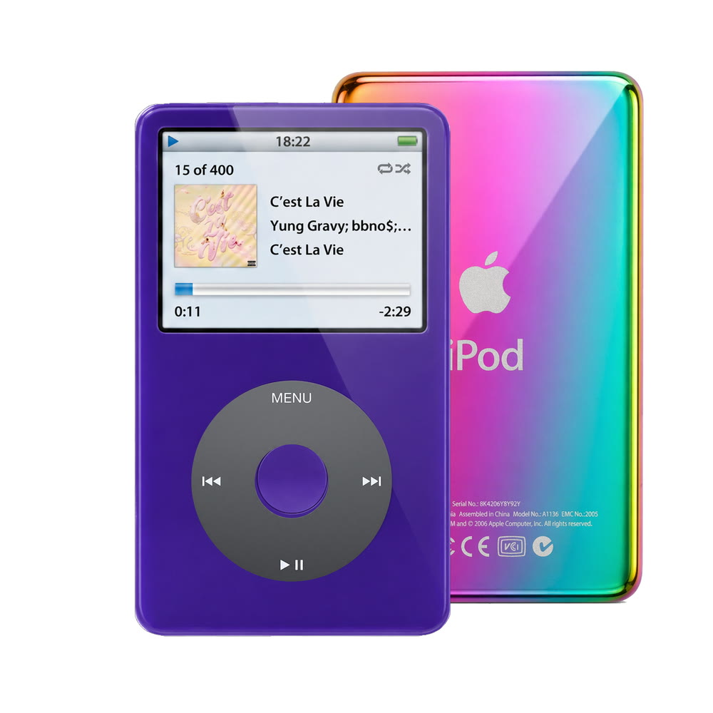 Purple refurbished iPod Video 5.5 Gen with Black click wheel and Rainbow back plate