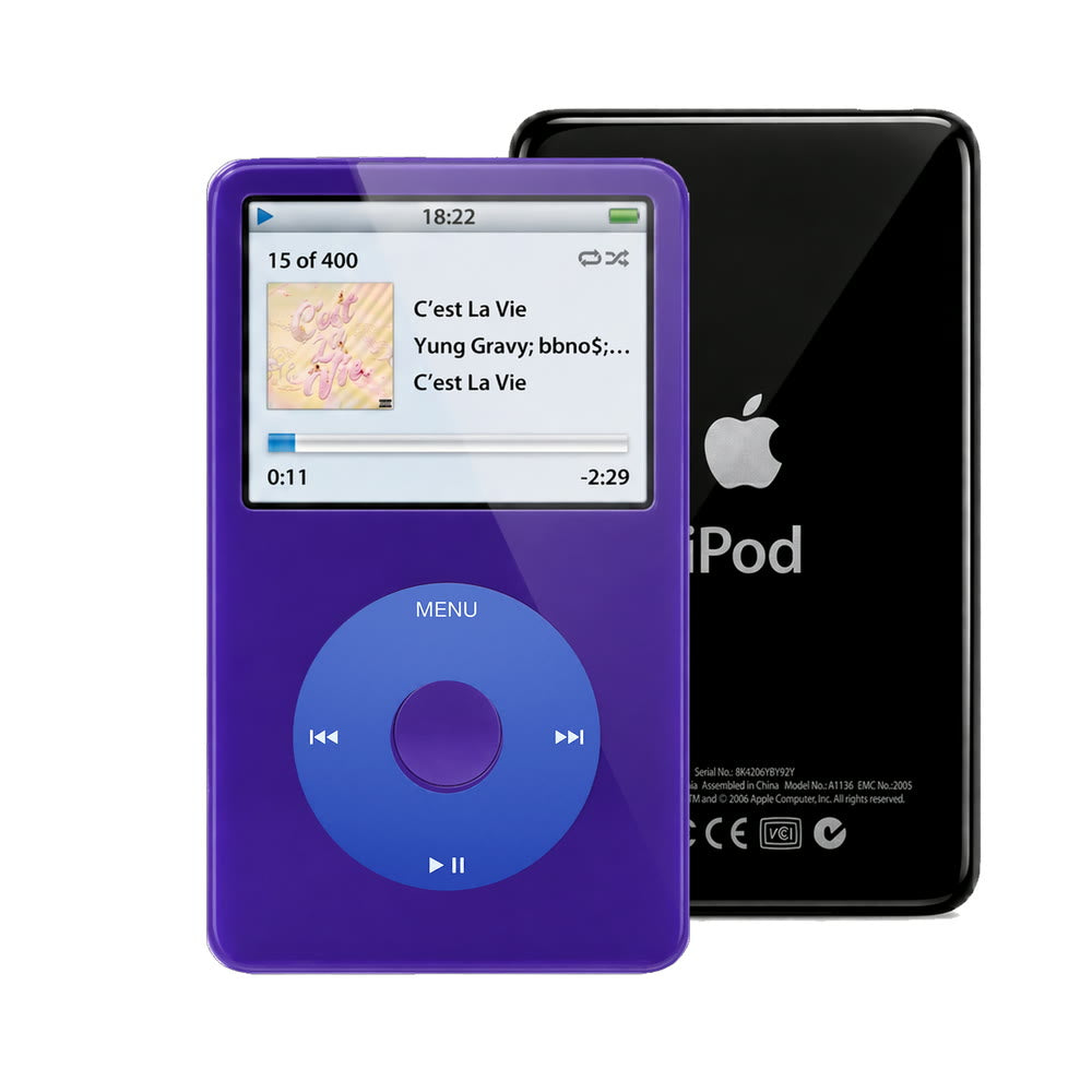 Purple refurbished iPod Video 5.5 Gen with Blue click wheel and Black back plate