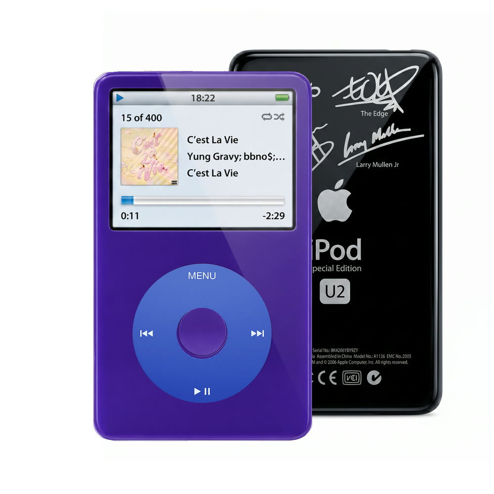 Purple refurbished iPod Video 5.5 Gen with Blue click wheel and Black U2 back plate