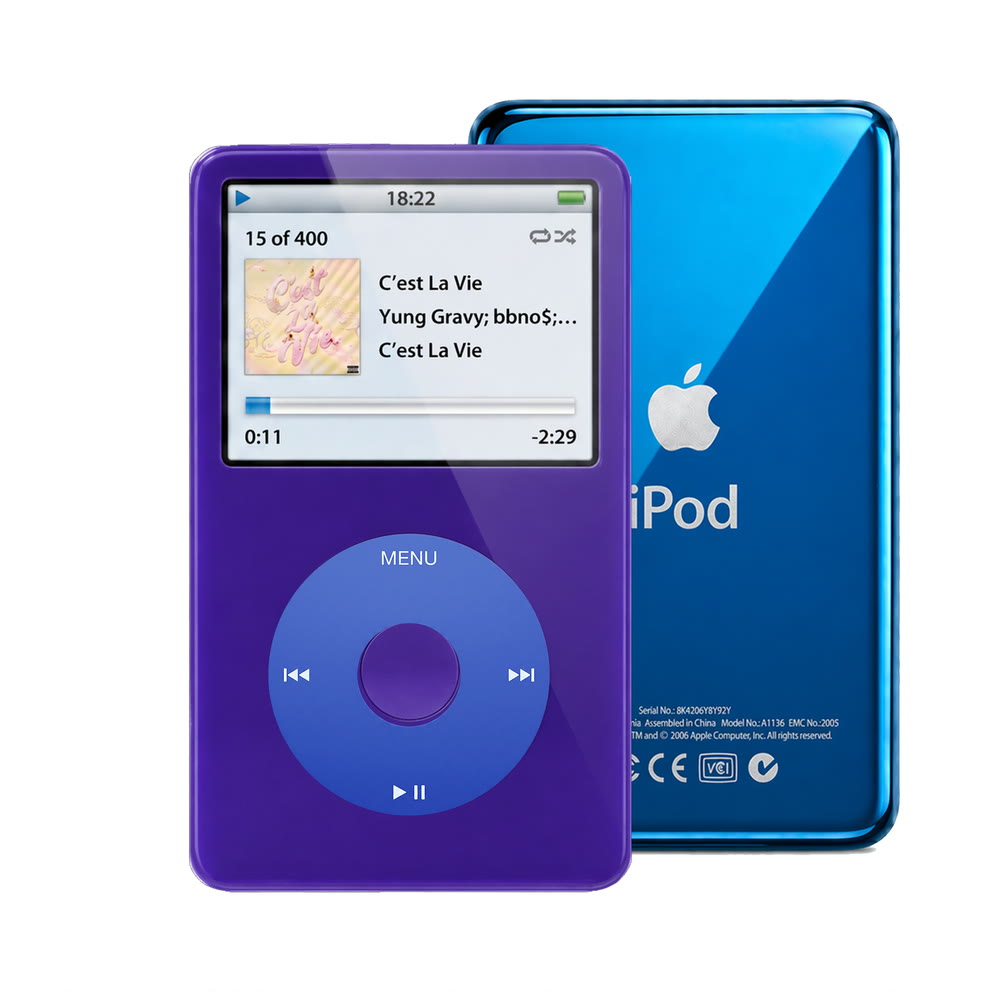 Purple refurbished iPod Video 5.5 Gen with Blue click wheel and Blue back plate