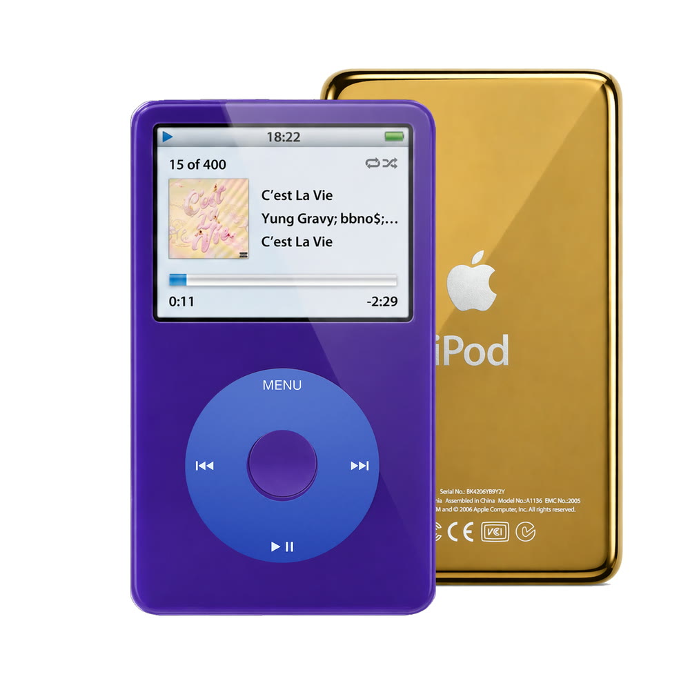 Purple refurbished iPod Video 5.5 Gen with Blue click wheel and Gold back plate