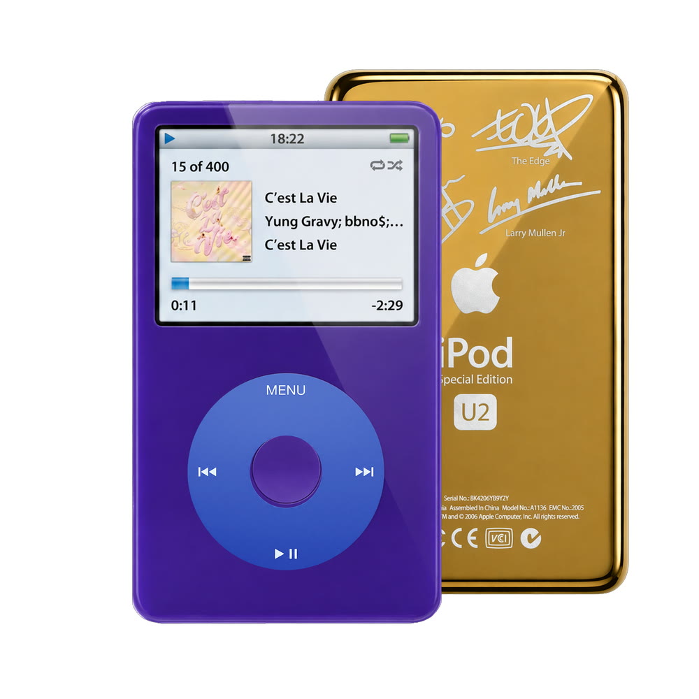 Purple refurbished iPod Video 5.5 Gen with Blue click wheel and Gold U2 back plate