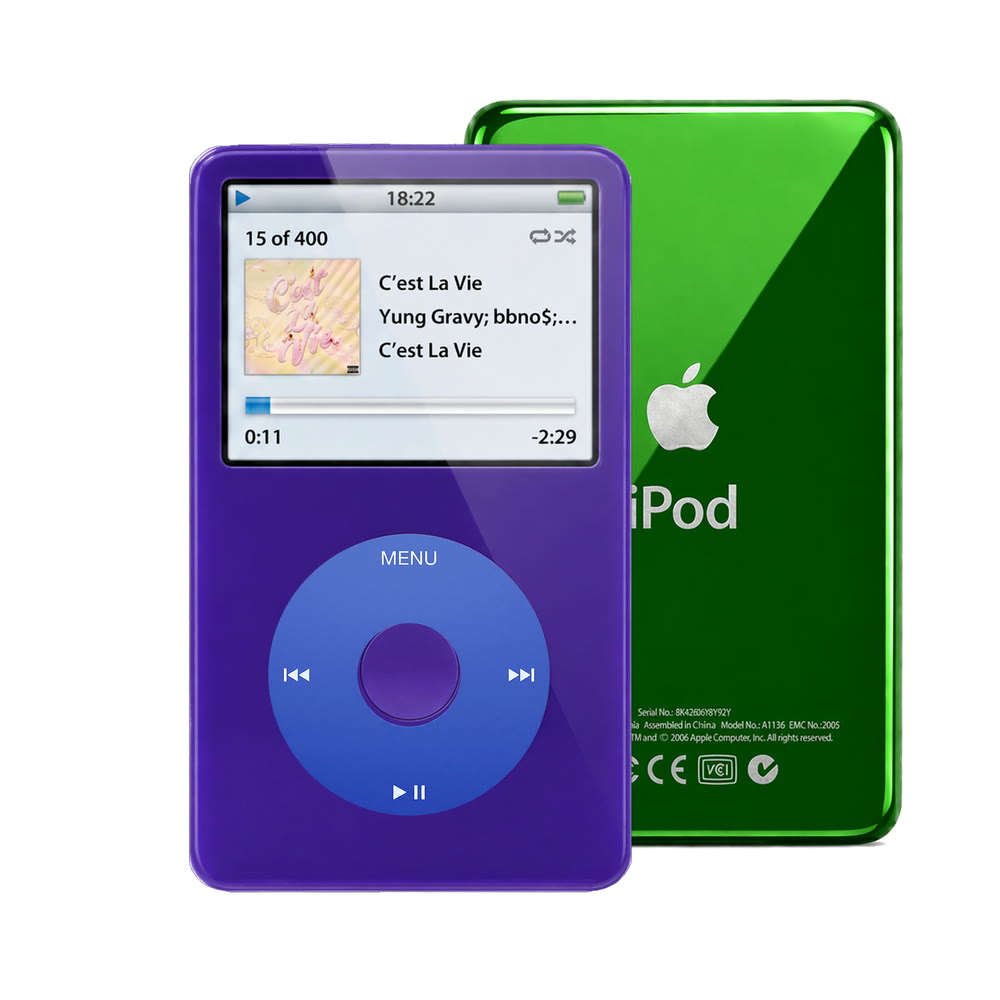 Purple refurbished iPod Video 5.5 Gen with Blue click wheel and Green back plate