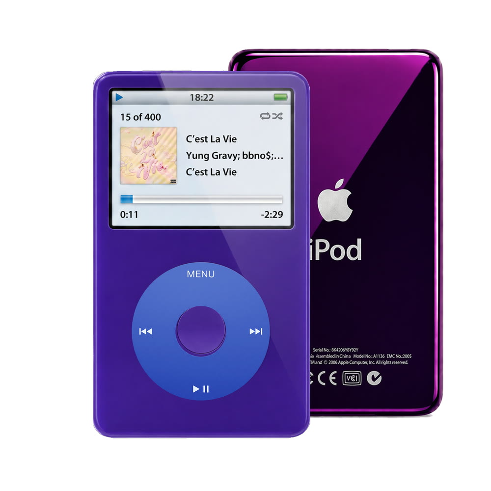 Purple refurbished iPod Video 5.5 Gen with Blue click wheel and Purple back plate