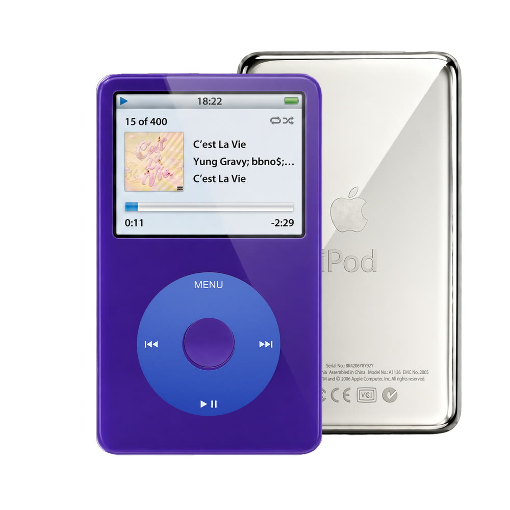 Purple refurbished iPod Video 5.5 Gen with Blue click wheel and Silver back plate