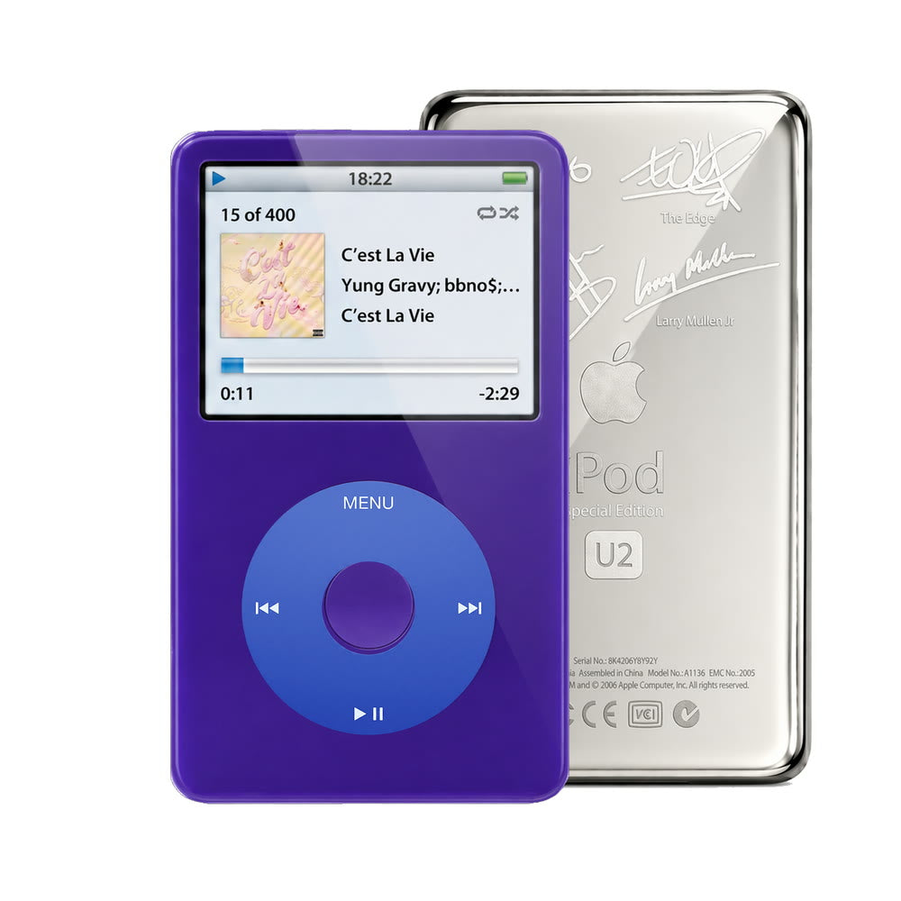 Purple refurbished iPod Video 5.5 Gen with Blue click wheel and Silver U2 back plate