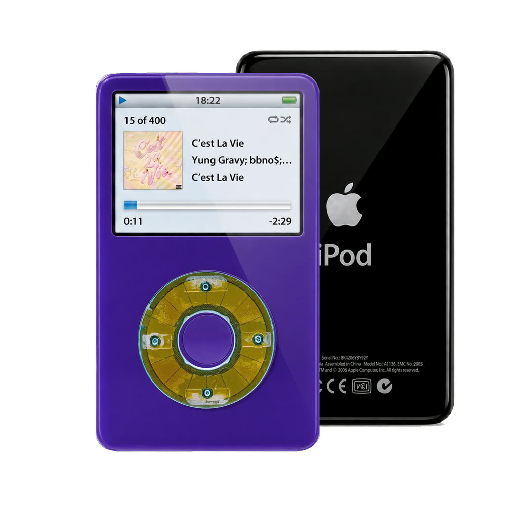 Purple refurbished iPod Video 5.5 Gen with Clear Blue click wheel and Black back plate