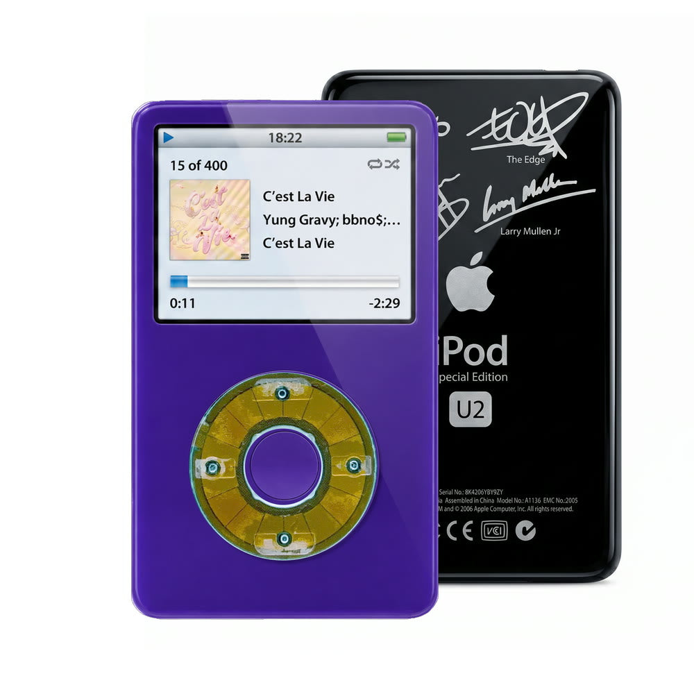 Purple refurbished iPod Video 5.5 Gen with Clear Blue click wheel and Black U2 back plate