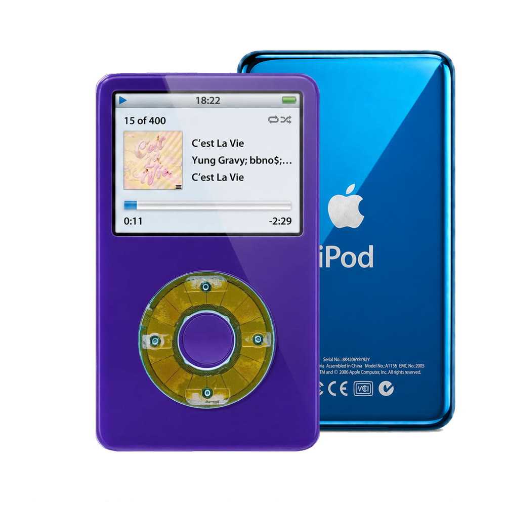 Purple refurbished iPod Video 5.5 Gen with Clear Blue click wheel and Blue back plate