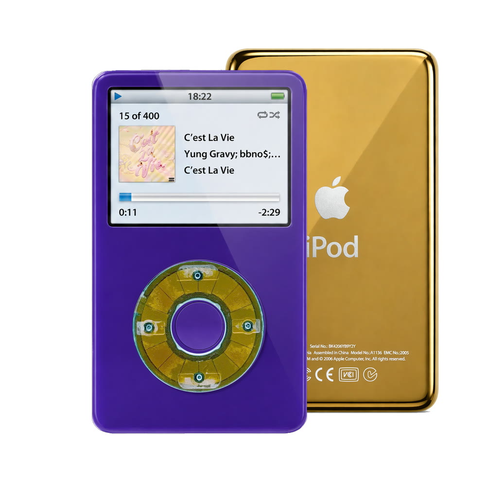 Purple refurbished iPod Video 5.5 Gen with Clear Blue click wheel and Gold back plate