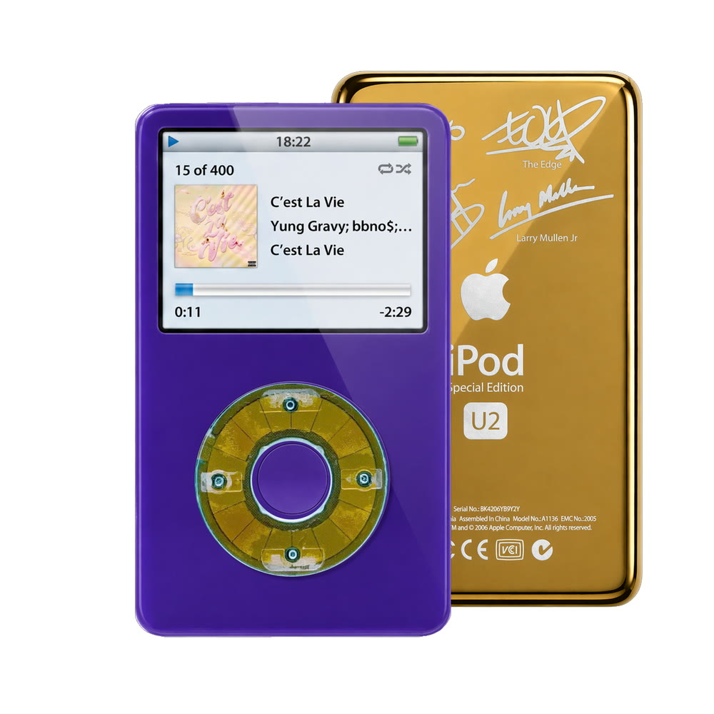 Purple refurbished iPod Video 5.5 Gen with Clear Blue click wheel and Gold U2 back plate