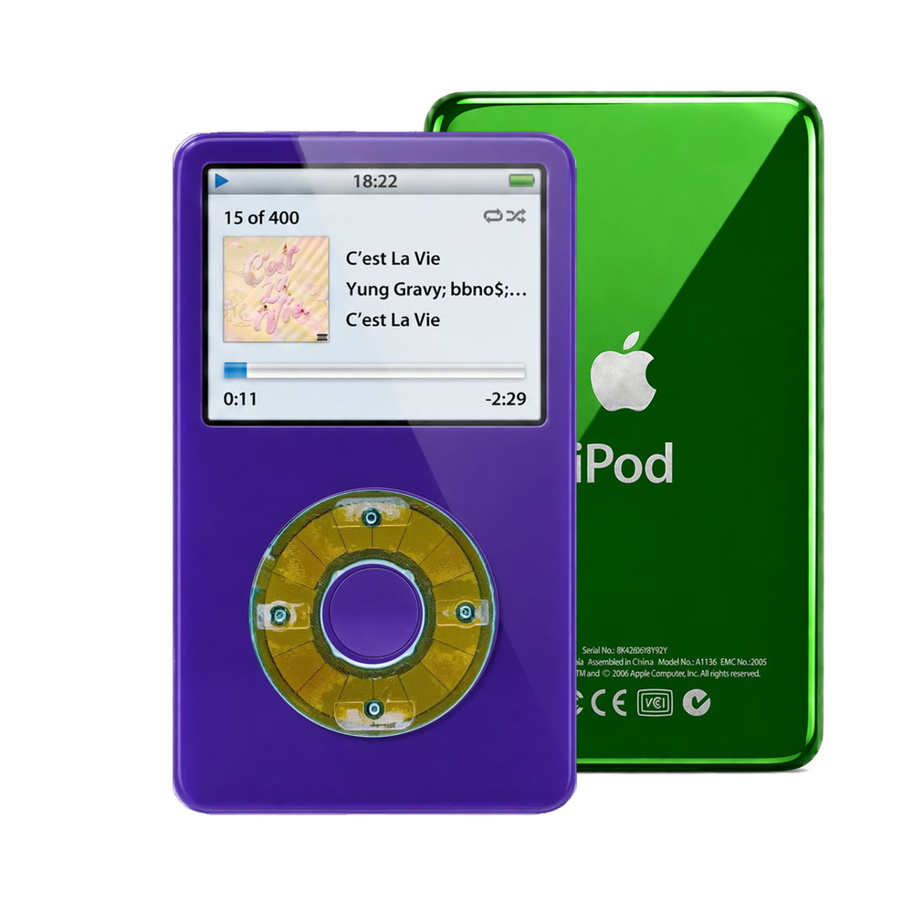 Purple refurbished iPod Video 5.5 Gen with Clear Blue click wheel and Green back plate