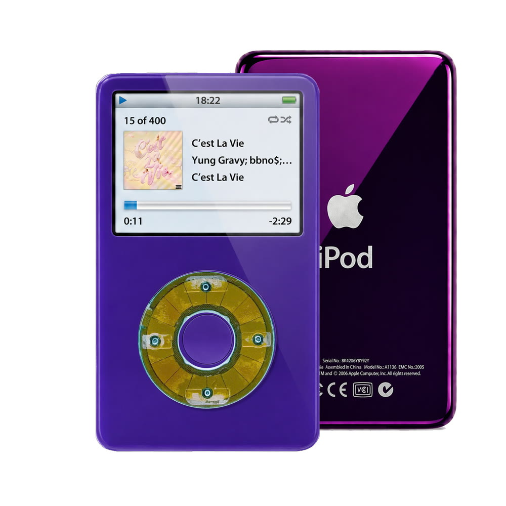 Purple refurbished iPod Video 5.5 Gen with Clear Blue click wheel and Purple back plate