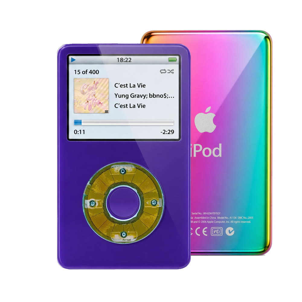 Purple refurbished iPod Video 5.5 Gen with Clear Blue click wheel and Rainbow back plate