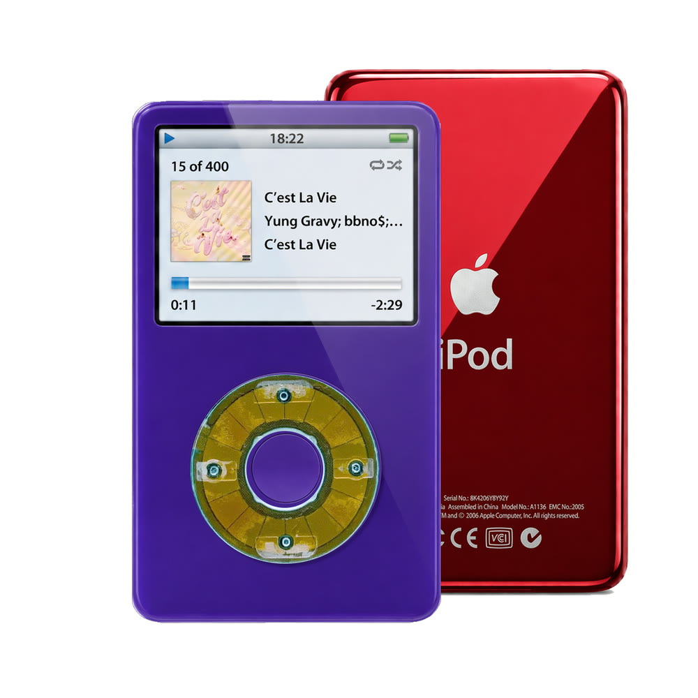 Purple refurbished iPod Video 5.5 Gen with Clear Blue click wheel and Red back plate