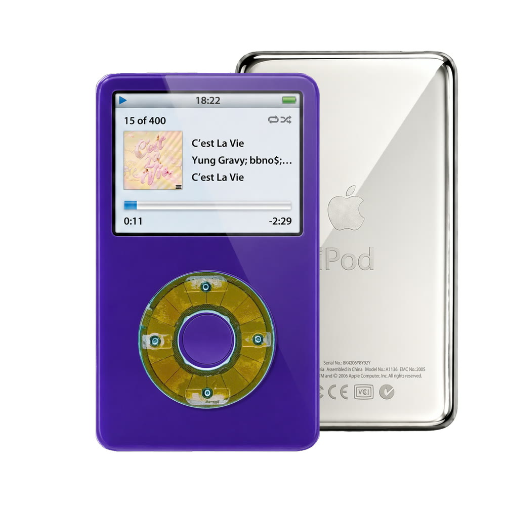 Purple refurbished iPod Video 5.5 Gen with Clear Blue click wheel and Silver back plate