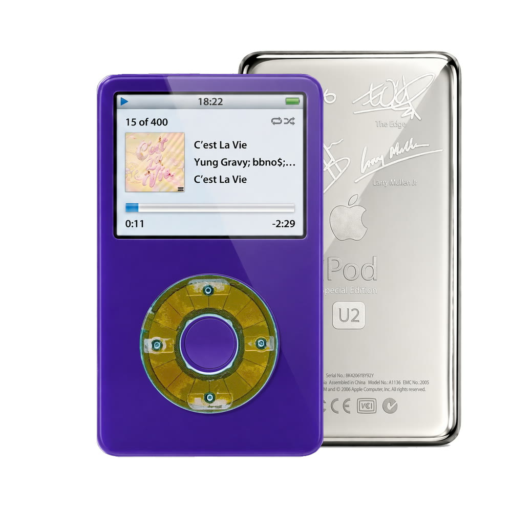 Purple refurbished iPod Video 5.5 Gen with Clear Blue click wheel and Silver U2 back plate
