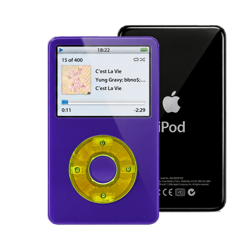 Purple refurbished iPod Video 5.5 Gen with Clear Green click wheel and Black back plate