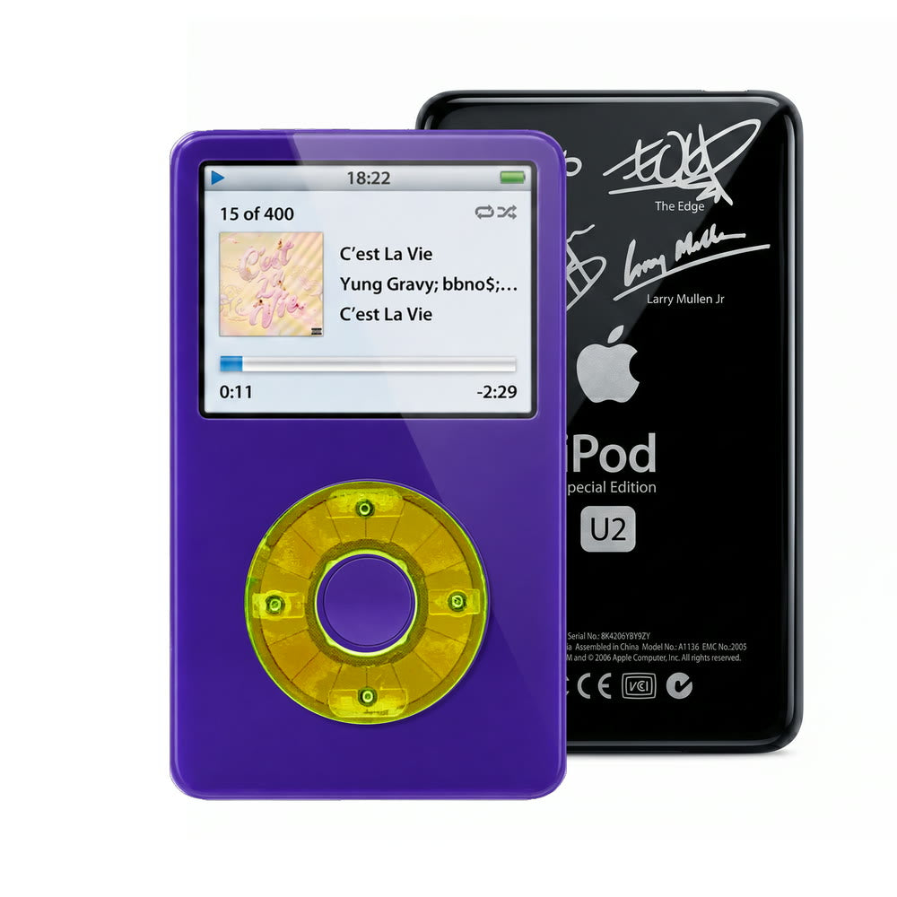 Purple refurbished iPod Video 5.5 Gen with Clear Green click wheel and Black U2 back plate