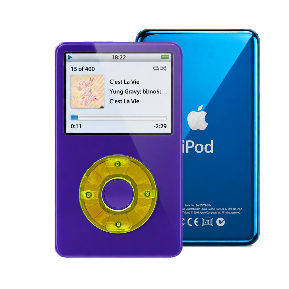 Purple refurbished iPod Video 5.5 Gen with Clear Green click wheel and Blue back plate