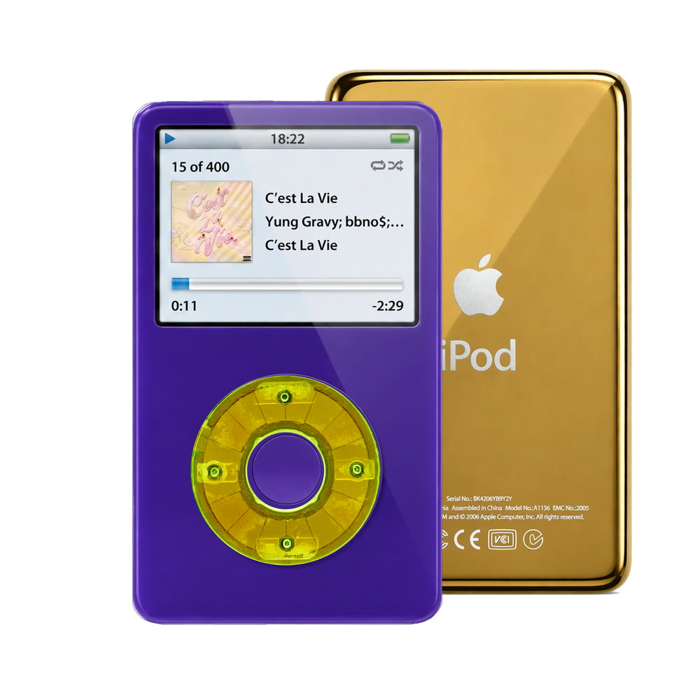 Purple refurbished iPod Video 5.5 Gen with Clear Green click wheel and Gold back plate