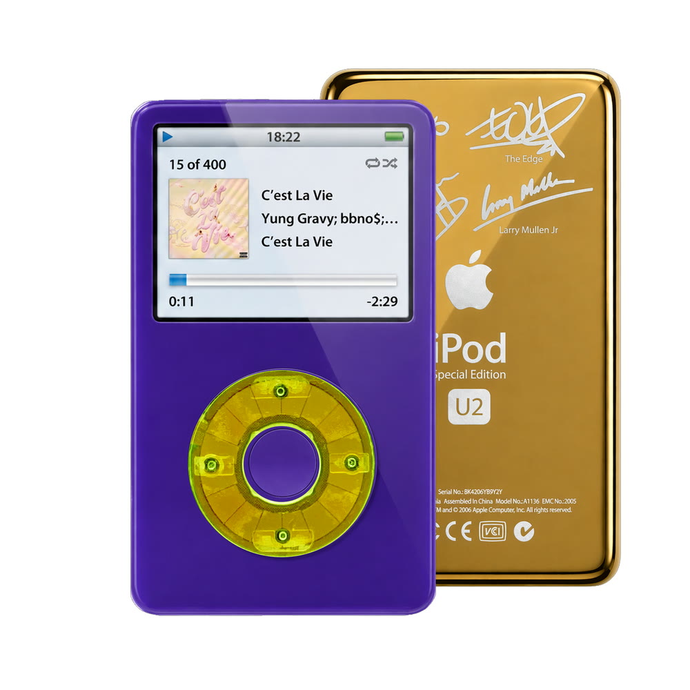 Purple refurbished iPod Video 5.5 Gen with Clear Green click wheel and Gold U2 back plate