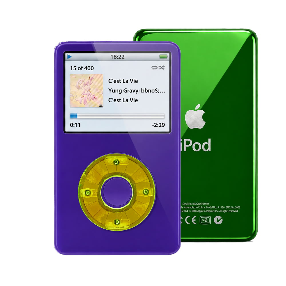 Purple refurbished iPod Video 5.5 Gen with Clear Green click wheel and Green back plate