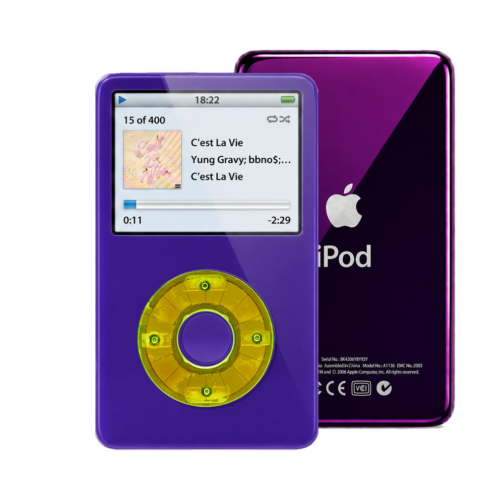 Purple refurbished iPod Video 5.5 Gen with Clear Green click wheel and Purple back plate