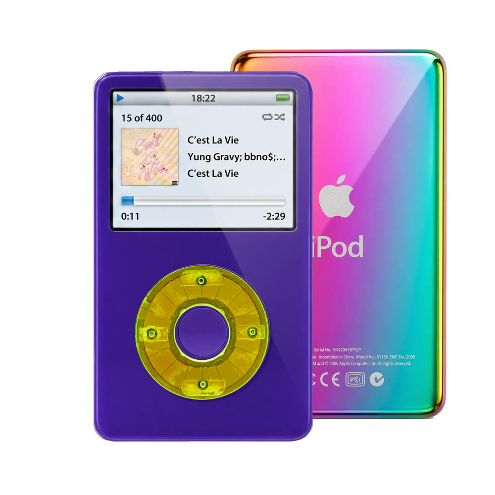 Purple refurbished iPod Video 5.5 Gen with Clear Green click wheel and Rainbow back plate