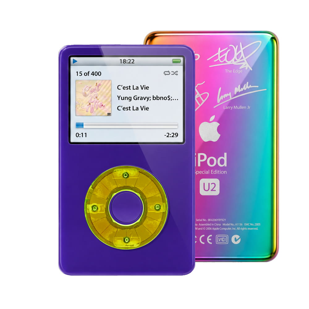 Purple refurbished iPod Video 5.5 Gen with Clear Green click wheel and Rainbow U2 back plate