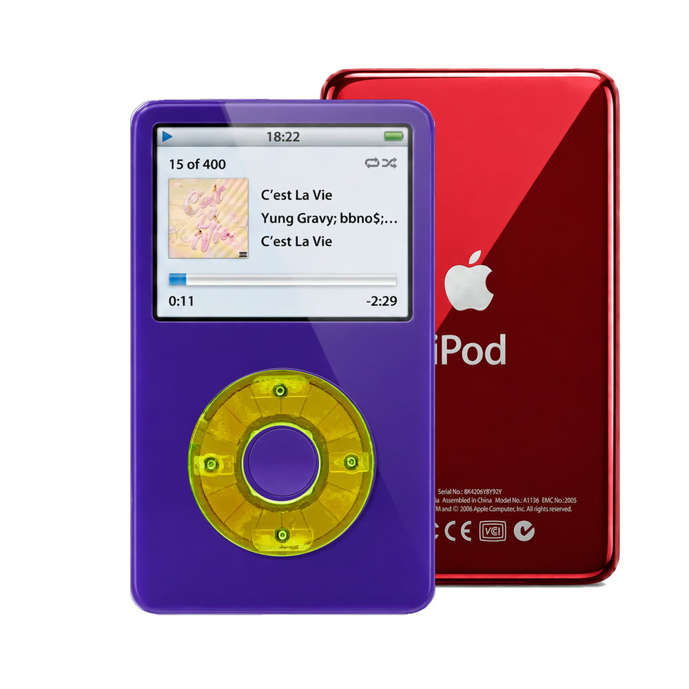 Purple refurbished iPod Video 5.5 Gen with Clear Green click wheel and Red back plate
