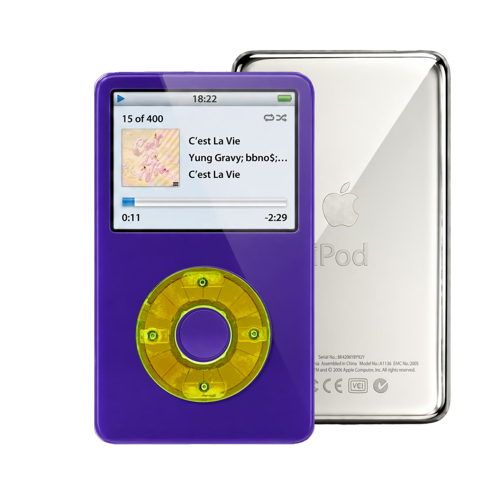 Purple refurbished iPod Video 5.5 Gen with Clear Green click wheel and Silver back plate