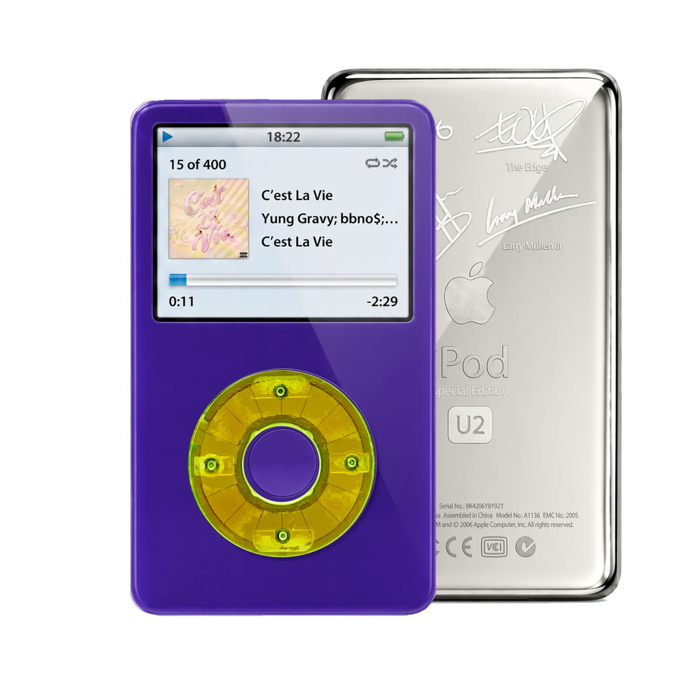 Purple refurbished iPod Video 5.5 Gen with Clear Green click wheel and Silver U2 back plate